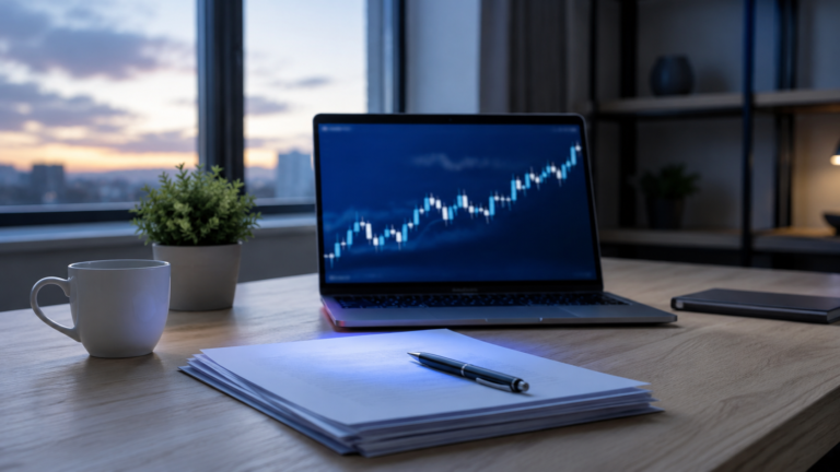 TradingCult 1ステップチャレンジ合格の記録記事のアイキャッチ。夜明けの窓辺のデスクに、チャートを表示したノートPCと紙束とペン
