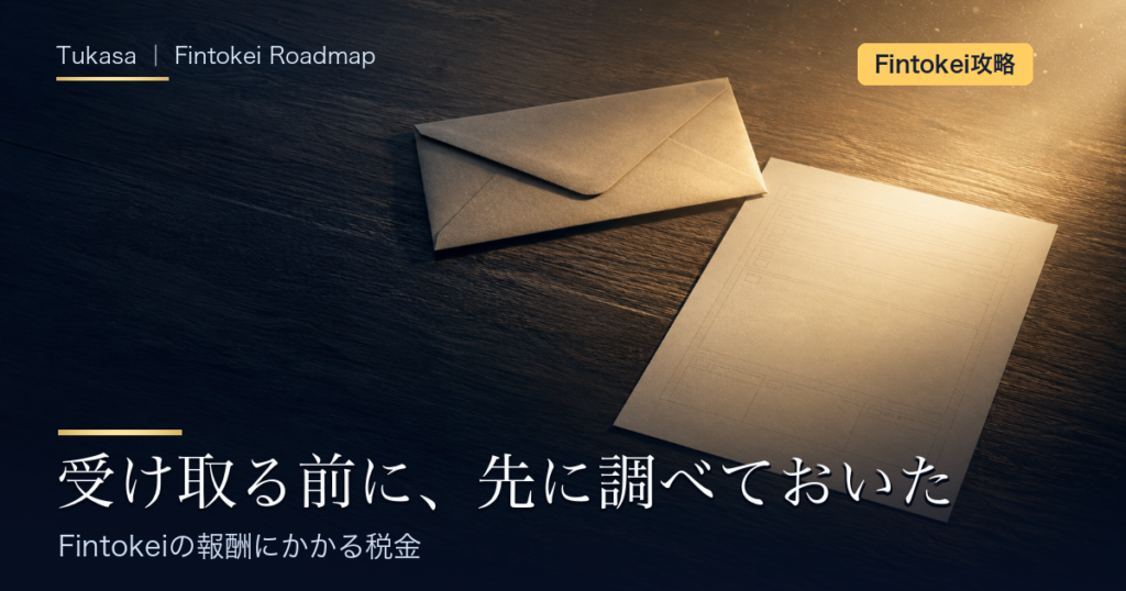 暗い木の机に置かれた未開封の封筒と白紙の申告用紙に、右から金色の光が差し込む（Fintokei 税金）