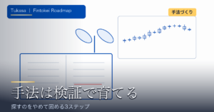 FX手法は検証で育てる。検証ノートから芽が伸びるフラットイラストのアイキャッチ
