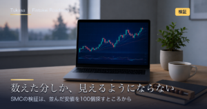 SMCの検証のやり方の記事アイキャッチ。夜明けの窓辺のデスクにチャートを表示したノートPCと、玉が並んだ木のカウンター