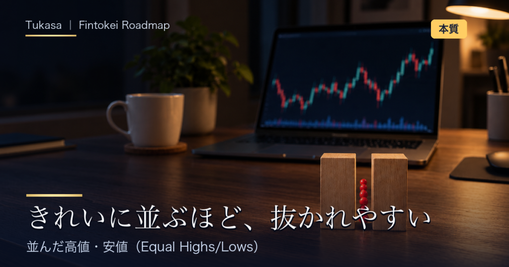 並んだ高値・安値（Equal Highs/Lows）の記事アイキャッチ。同じ高さの木のブロック2つと、その間の隙間に並んだ赤いピンを写した夜のデスク写真