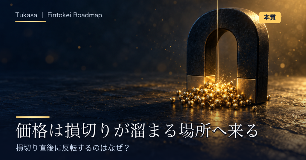 損切り直後に反転するのはなぜ？ の記事アイキャッチ。馬蹄形の磁石に金色の球が引き寄せられ、そこへ細い線が降りてくる、損切りが溜まる場所を表した画像