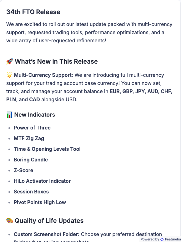 FTO公式の変更履歴「34th FTO Release」の冒頭。Multi-Currency Supportと新しいインジケーター8種の名前が英語で並んでいる。