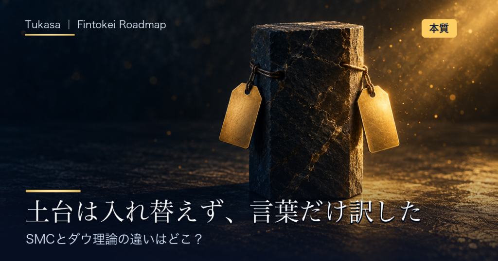 SMCとダウ理論の違いはどこ？ の記事アイキャッチ。1つの黒い石のブロックに、左右2枚の金色の名札が下がっている、同じ場面を2つの言葉で呼ぶことを表した画像