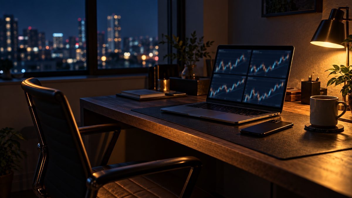 夜の机でノートPCの画面が4分割され、それぞれに暗いローソク足チャートが映っている。横に伏せたスマホと冷めたマグカップ、少し引かれた空の椅子