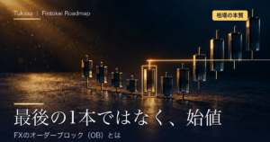 FXのオーダーブロック（OB）とは。上昇の直前に1本だけ金の枠で囲まれたローソク足のブロックと、その始値の高さに伸びる金色の線