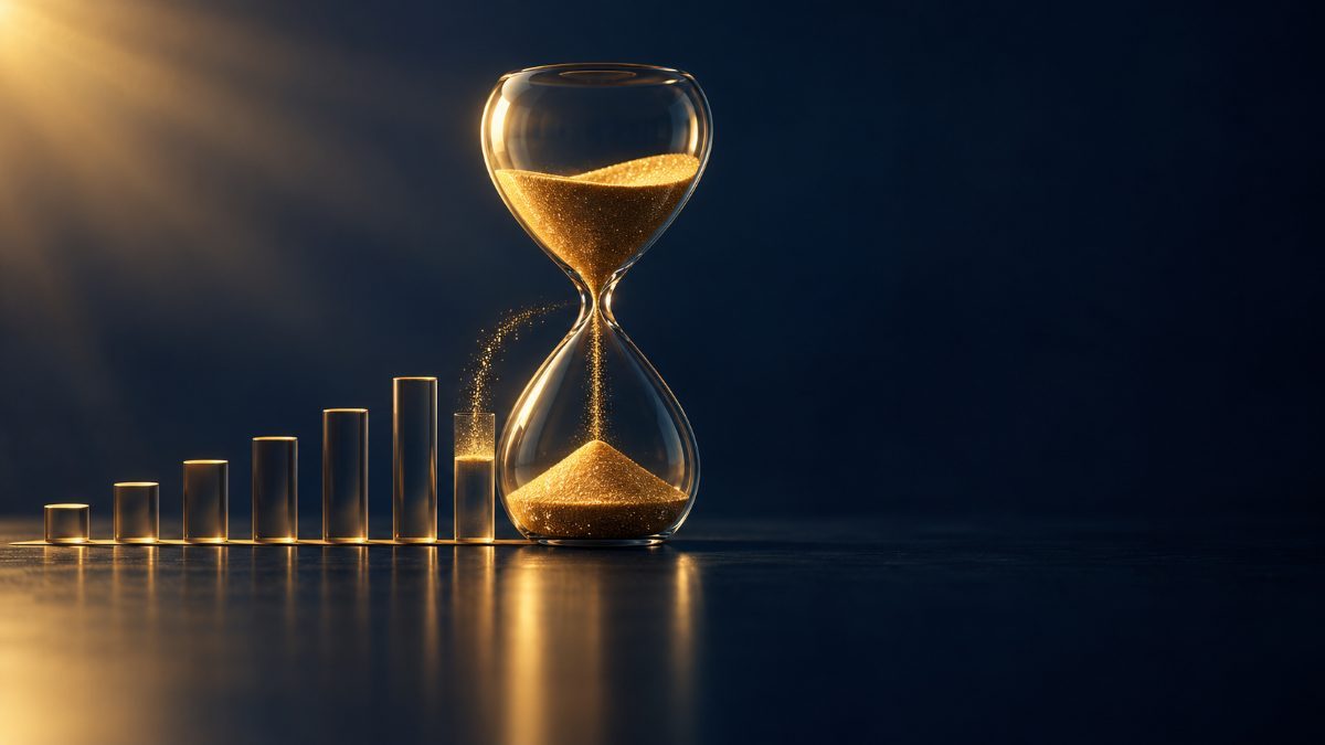 暗い背景に立つガラスの砂時計。左側には小さなローソク足型のブロックが砂時計へ向かって並び、いちばん手前の1本は金色の砂に埋められている途中で、砂時計の右側は何もない暗い余白