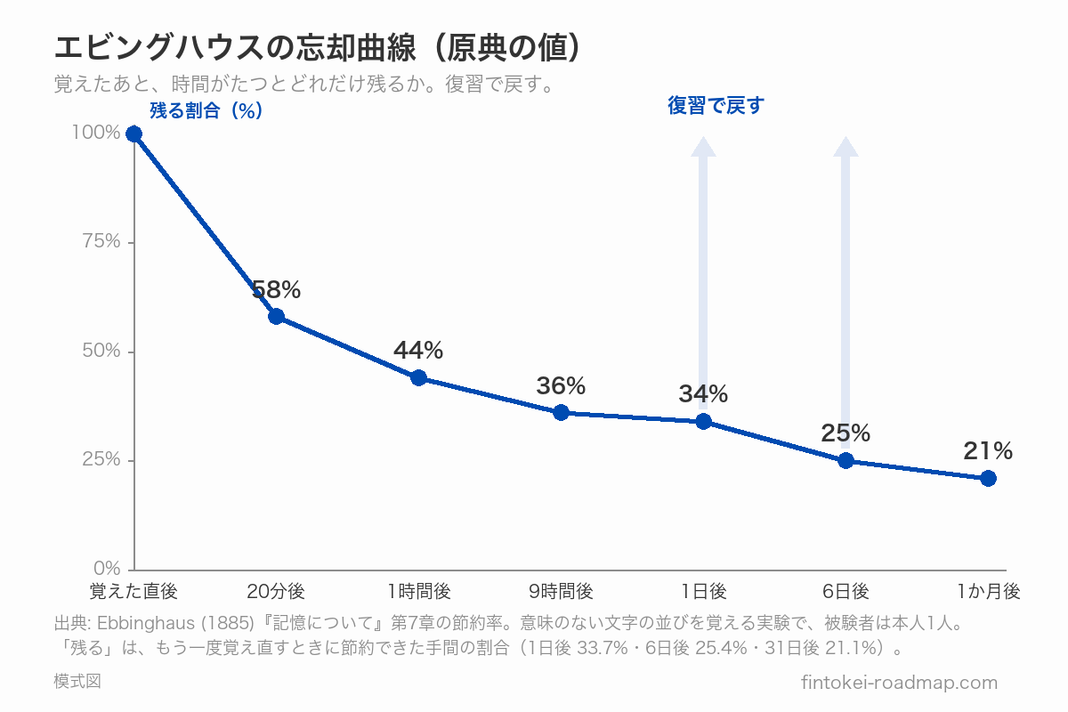 エビングハウスの忘却曲線（原典の値）。覚えた直後100%から、20分後58%・1時間後44%・1日後34%・6日後25%・1か月後21%へ下がり、復習で戻す